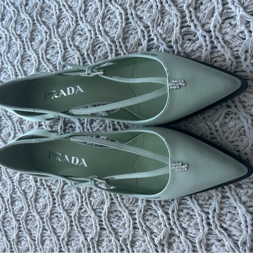 Prada Mint Green Pointed Slingback Flats with Crystal Accent